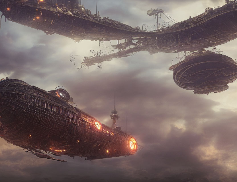 Intricate futuristic airships in cloudy sky with glowing engines