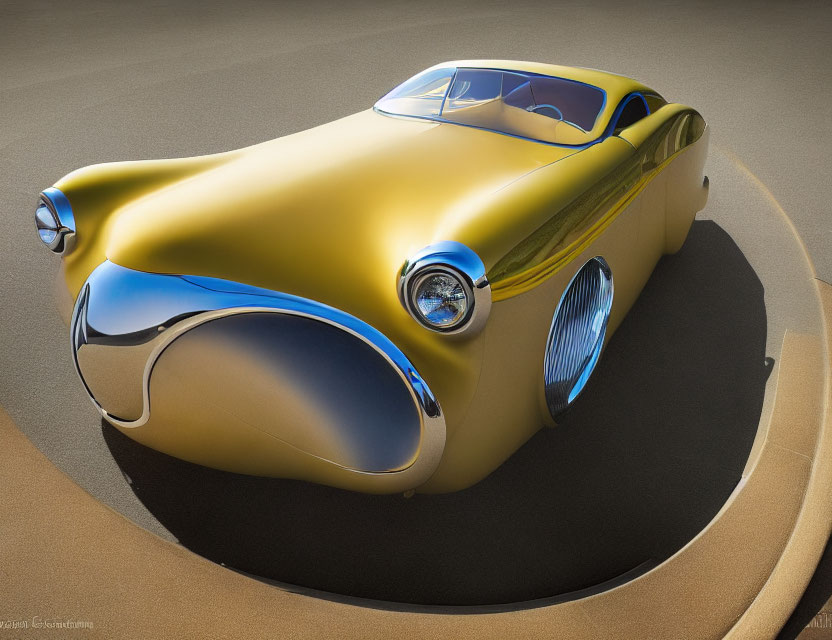 Golden futuristic concept car with bubble canopy on circular platform.