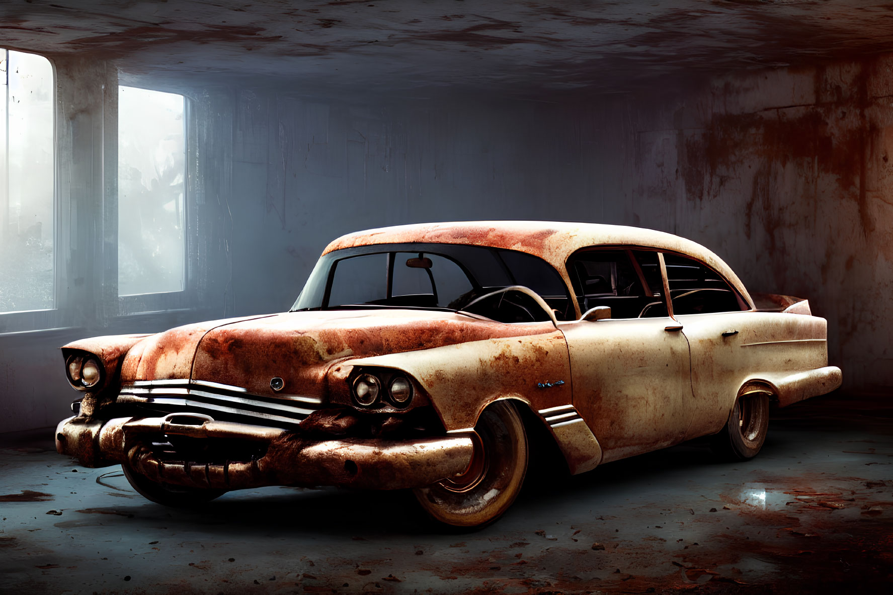 Vintage Car in Rusty Garage with Sunlight Streaming In