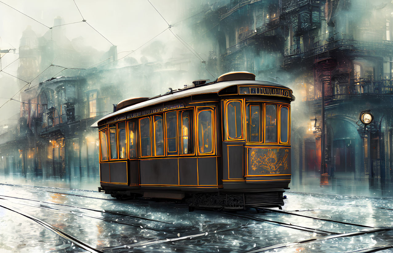 Vintage tram on misty cobblestone street at twilight