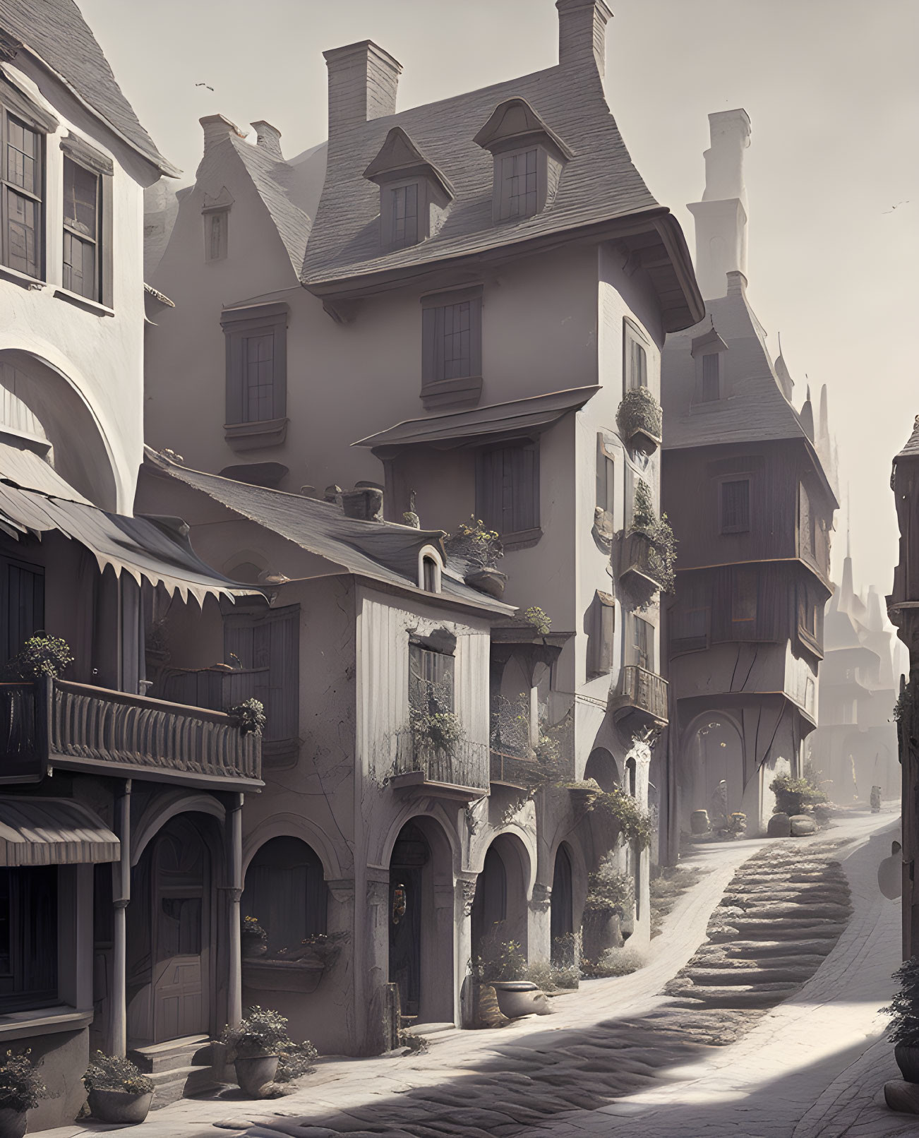 Quaint European-style houses on cobblestone street under hazy light