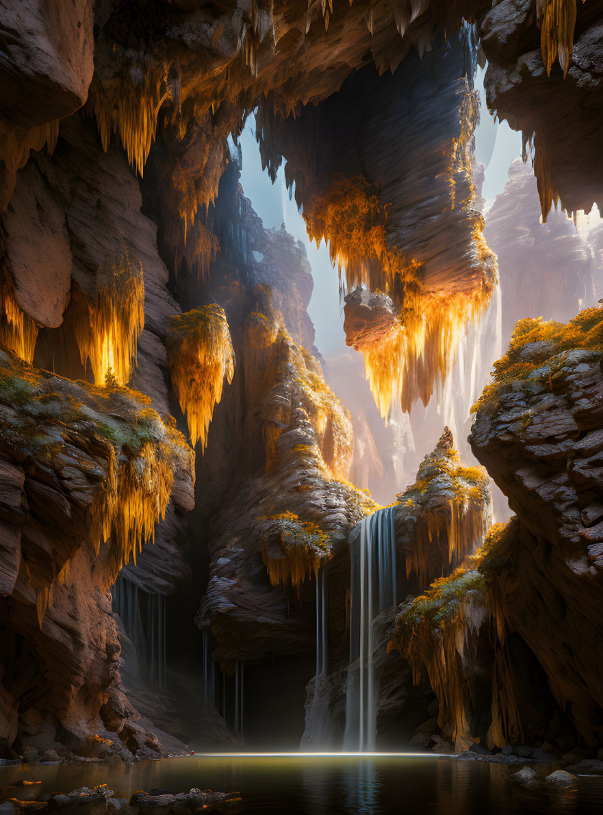 Majestic subterranean cave with stalactites, waterfalls, and serene pool