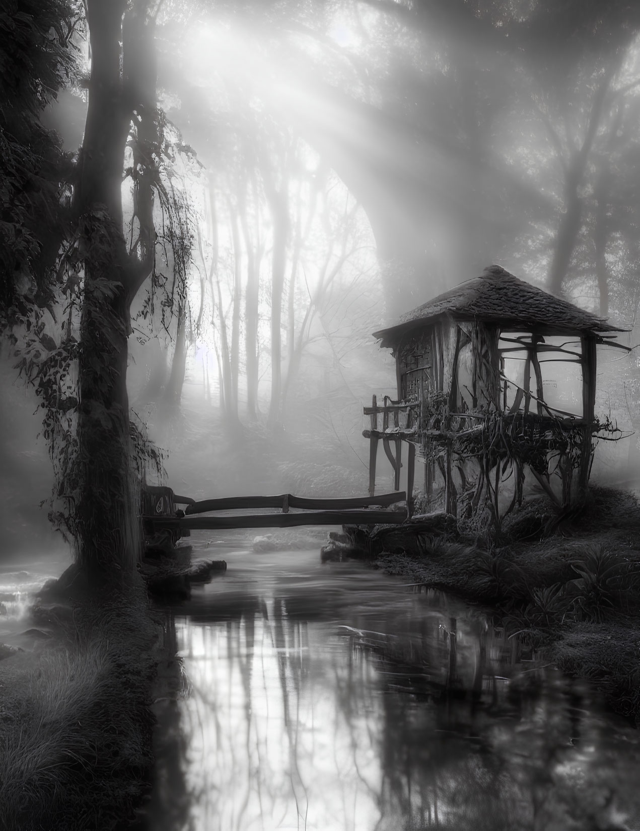 Monochrome forest with sunbeams, gazebo, and bridge by stream