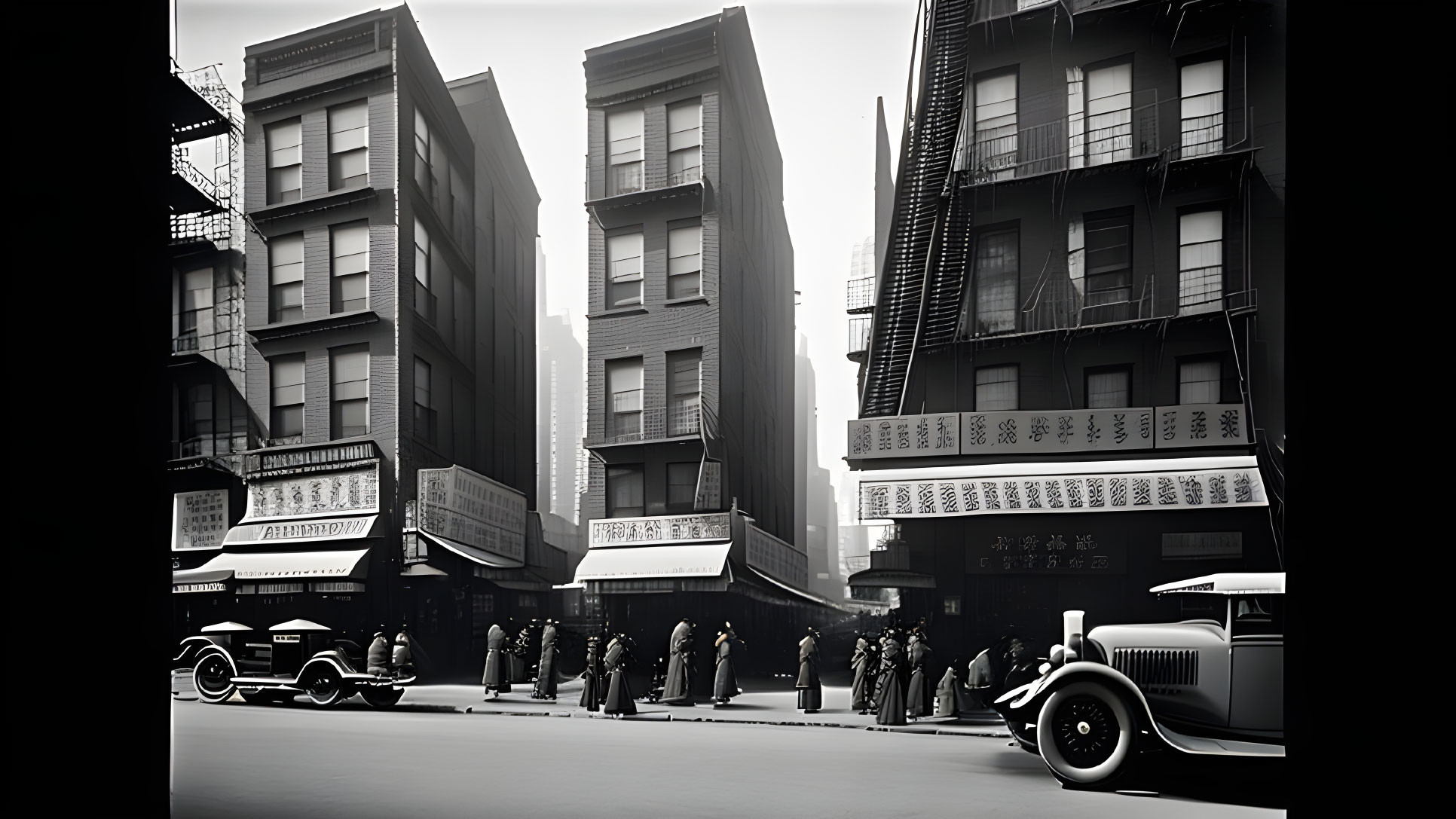 Vintage City Street Scene with Old-Fashioned Cars and Period Clothing