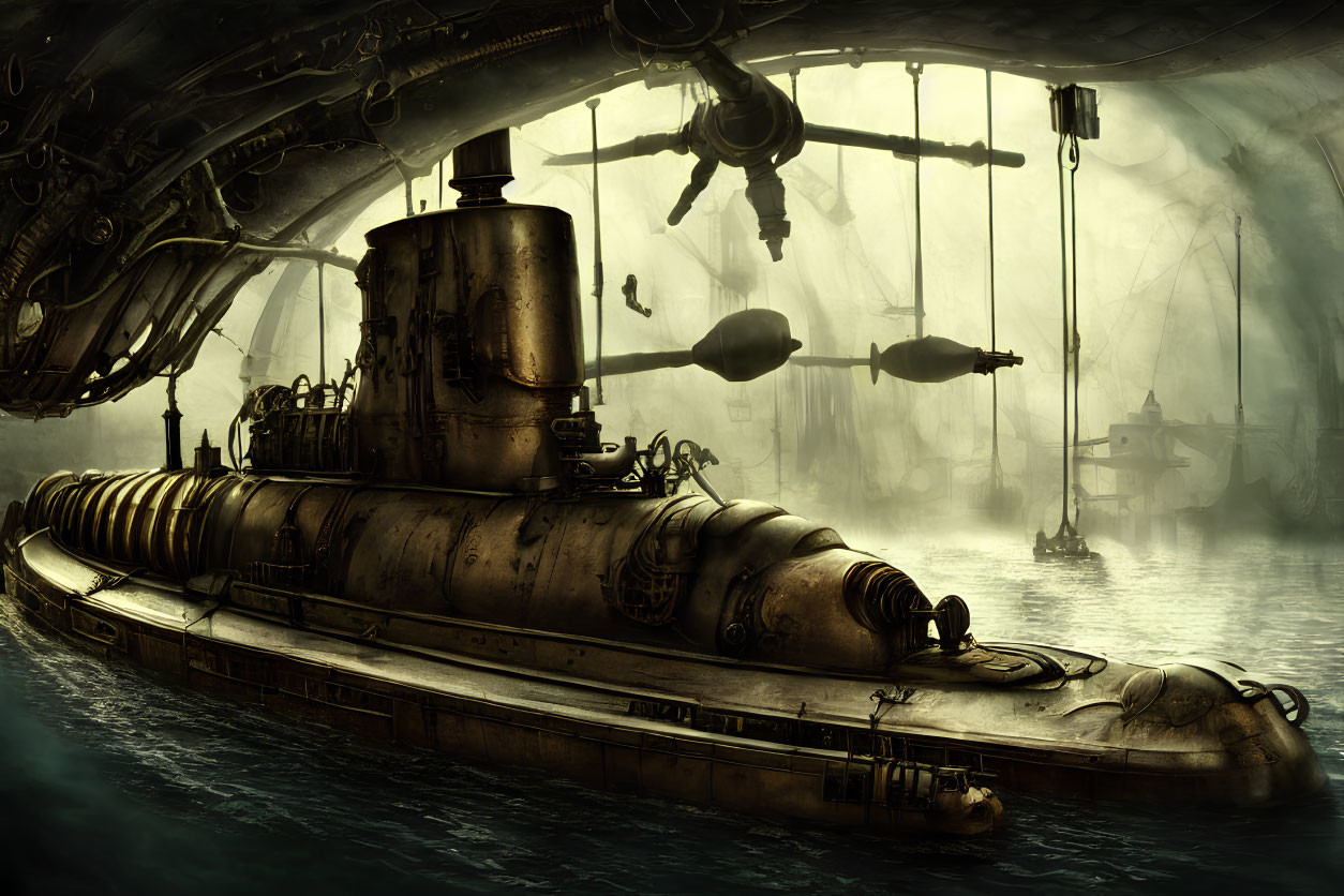 Steampunk submarine at underwater station with ambient lighting & equipment.