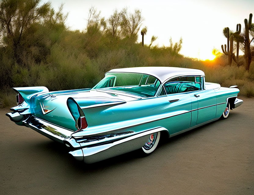 Classic Turquoise and White Car with Tailfins in Desert Sunset Scene