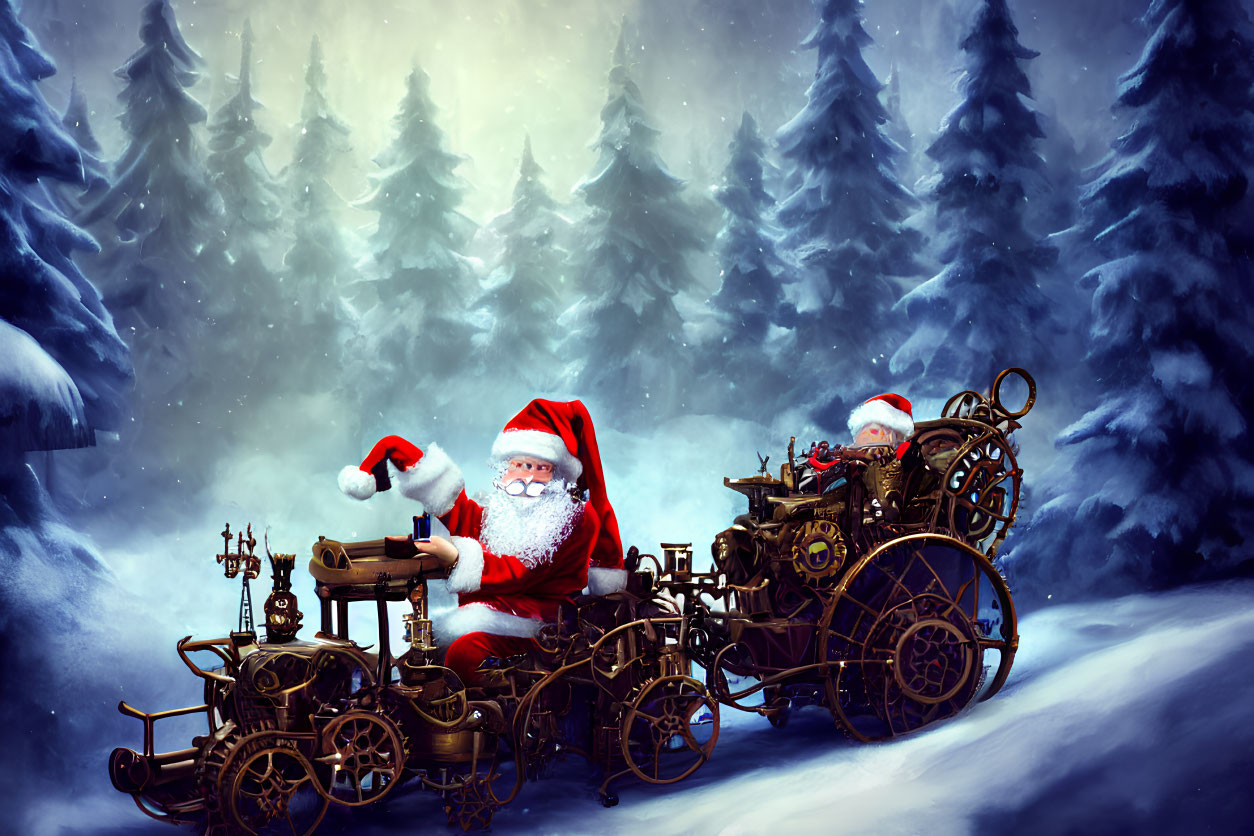 Mechanical Santa Claus in sleigh with snowy trees wave.