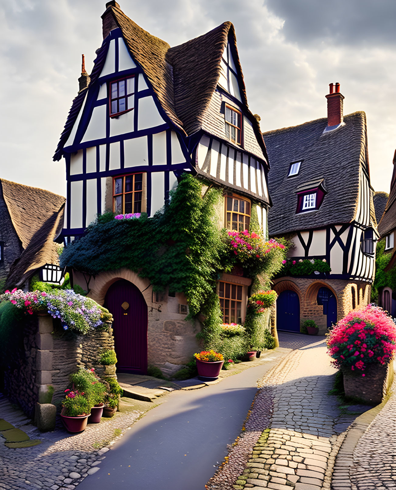 Picturesque cobblestone street with half-timbered houses and lush greenery