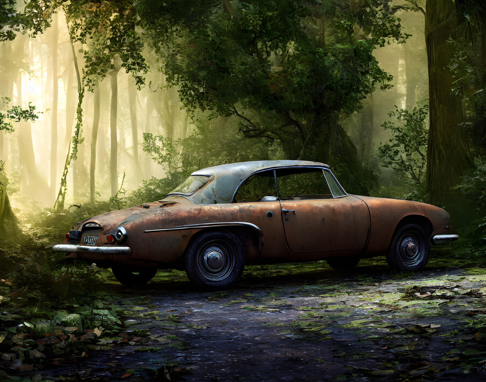 Rusty abandoned car in forest with sunlight filtering through trees