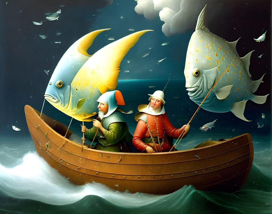 Medieval knights fishing in wooden boat on surreal sea with giant colorful fish.