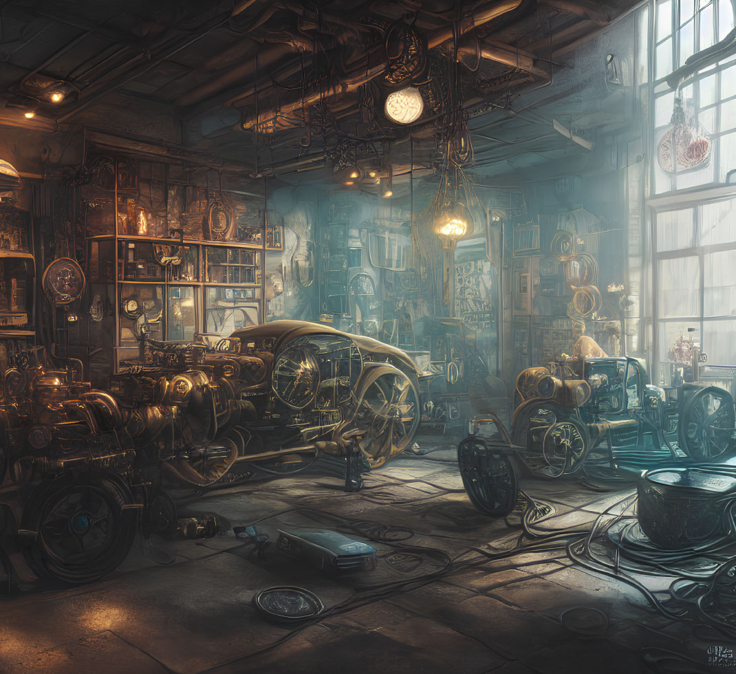 Vintage workshop with classic cars, mechanic, tools, and machine parts