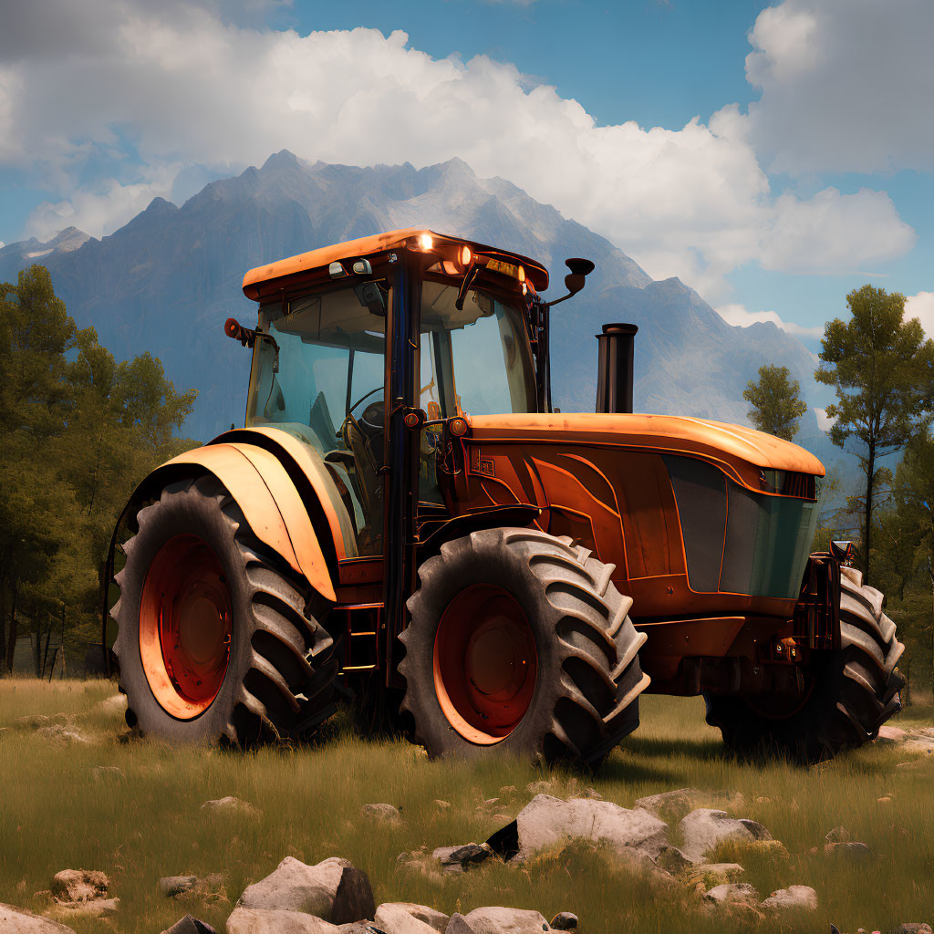 Orange tractor in grassy field under vivid sky with mountains