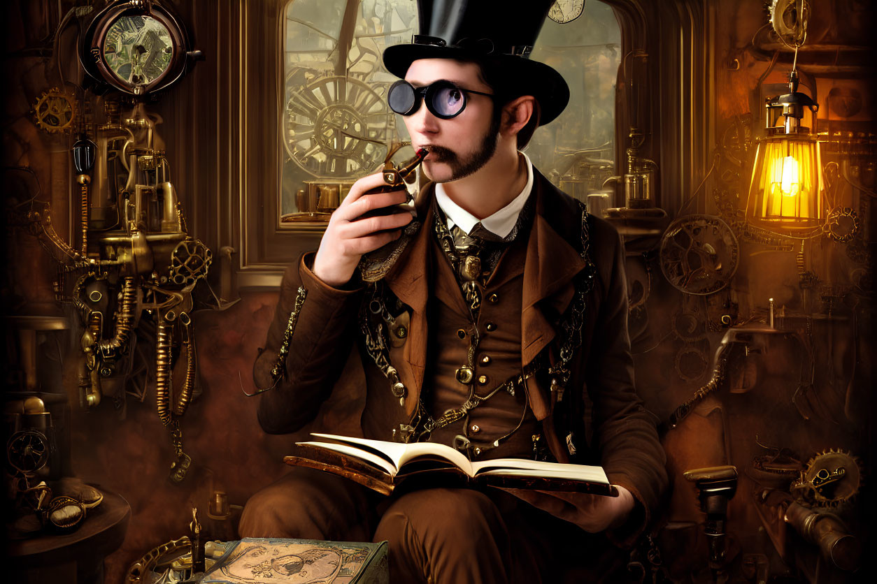 Steampunk-themed man with goggles and top hat surrounded by clocks and gears.