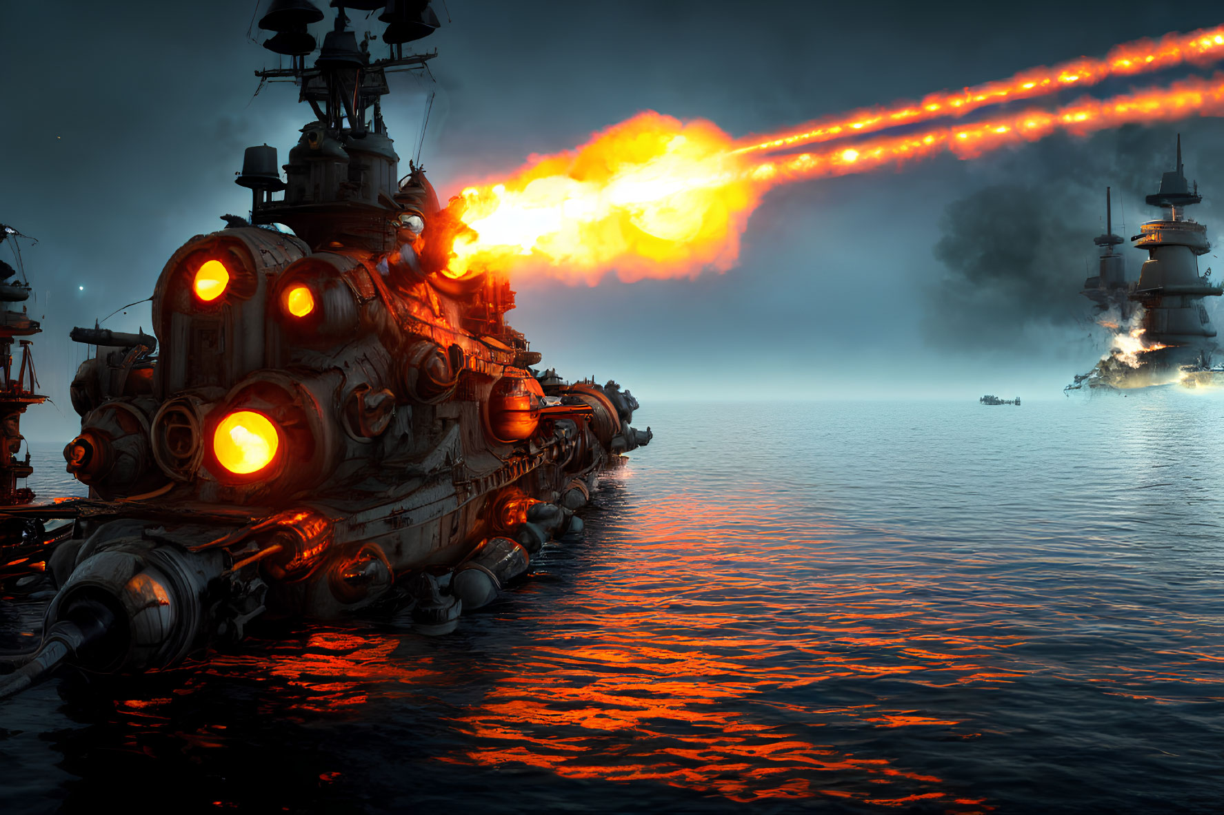 Steampunk battleship firing orange beam at sea.