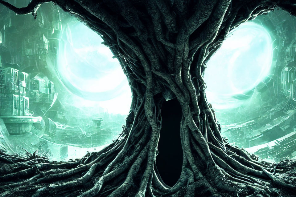 Massive hollow tree trunk against futuristic city backdrop with glowing structures