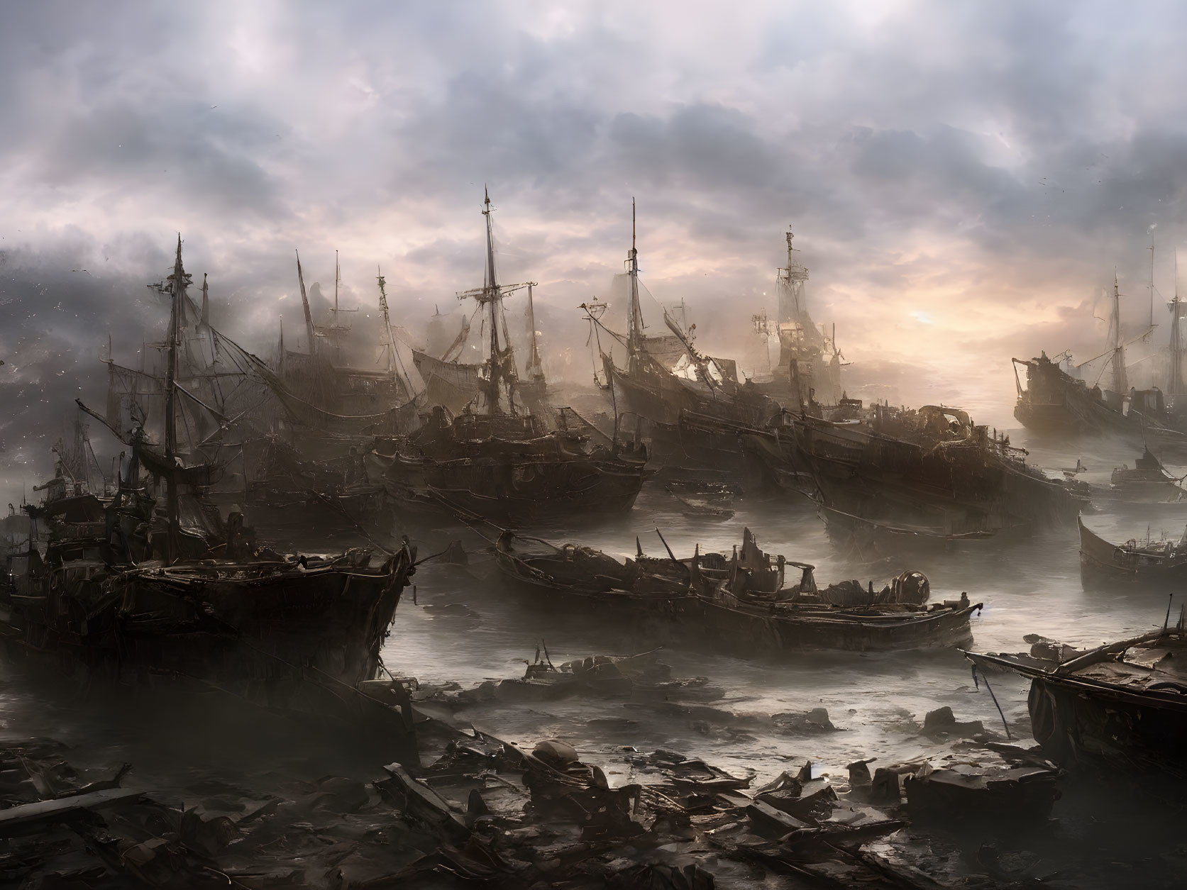 Old sailing ships in misty harbor at dawn or dusk