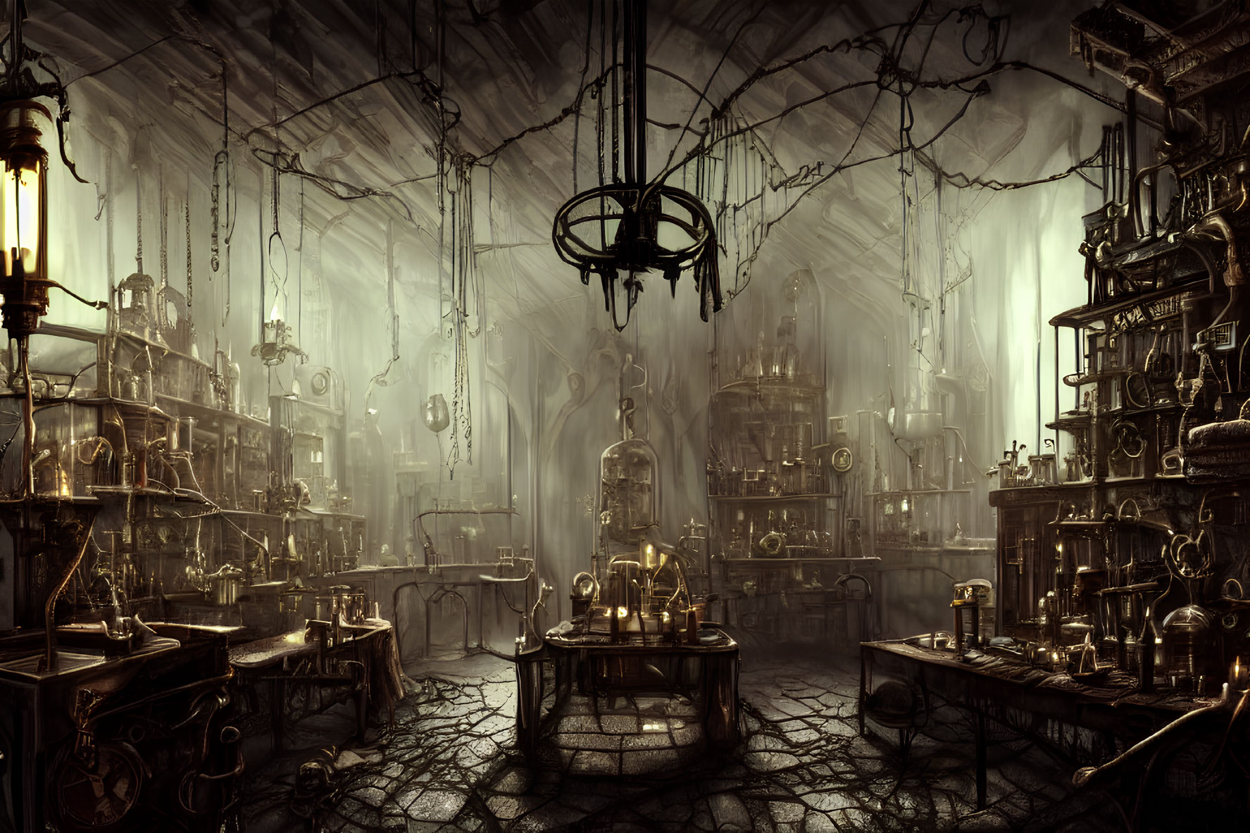 Intricate steampunk laboratory with glowing lamps and hanging chains