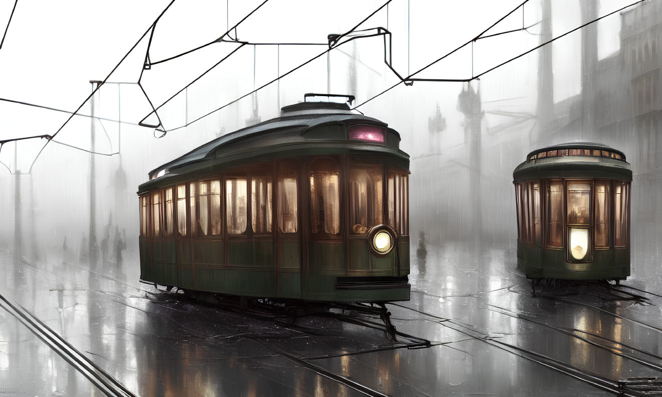 Vintage trams on misty city tracks with glowing lights and wet streets.