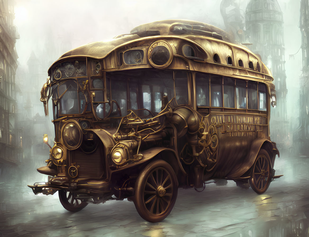 Vintage-styled bus with intricate detailing in foggy, sepia-toned cityscape