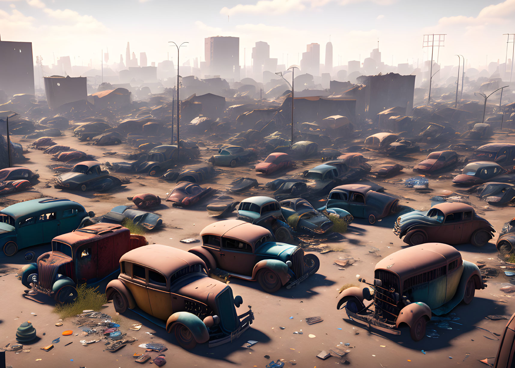 Dilapidated post-apocalyptic urban landscape with rusting cars