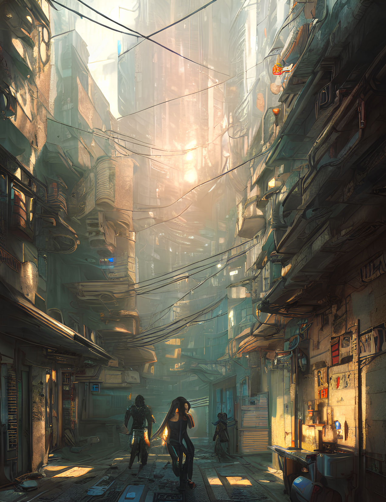 Futuristic cyberpunk alley with towering buildings and neon signs