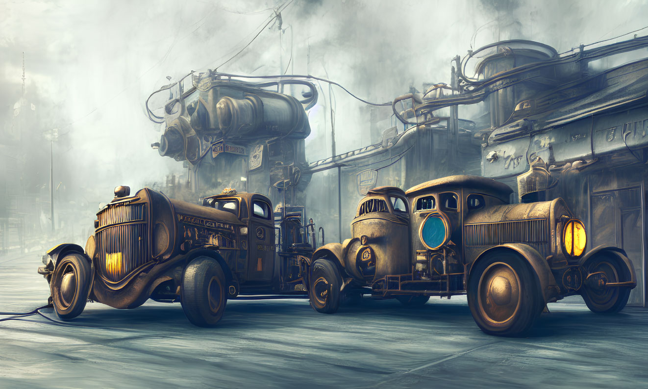 Stylized vintage cars in steampunk industrial setting