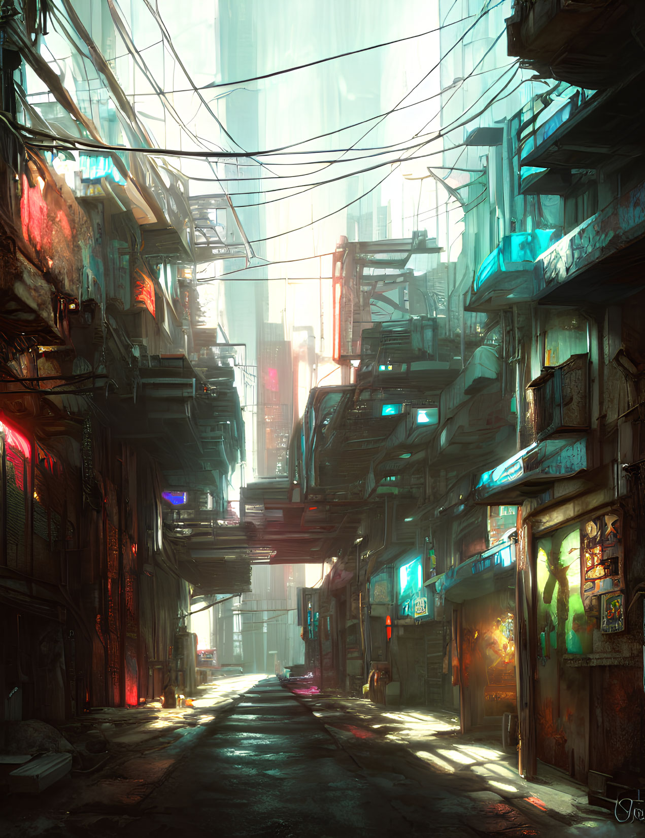 Futuristic neon-lit city alley with high-rises and holographic signs