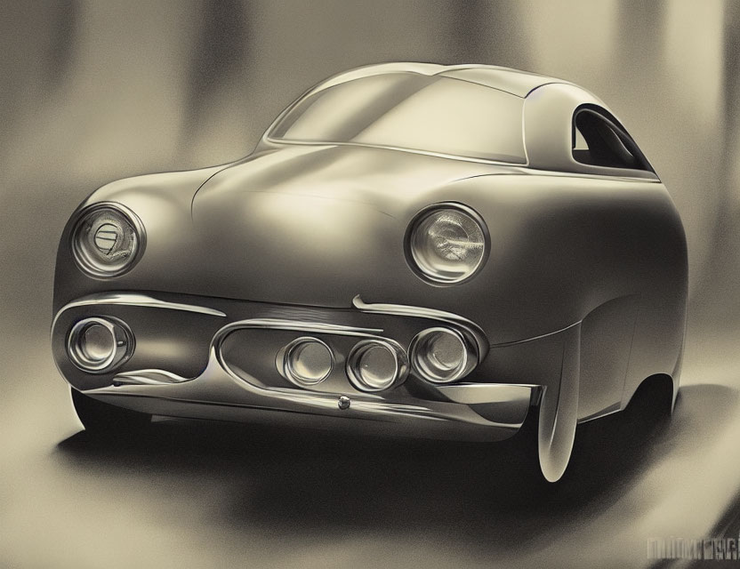 Classic Vintage Car with Round Headlights in Sepia Illustration