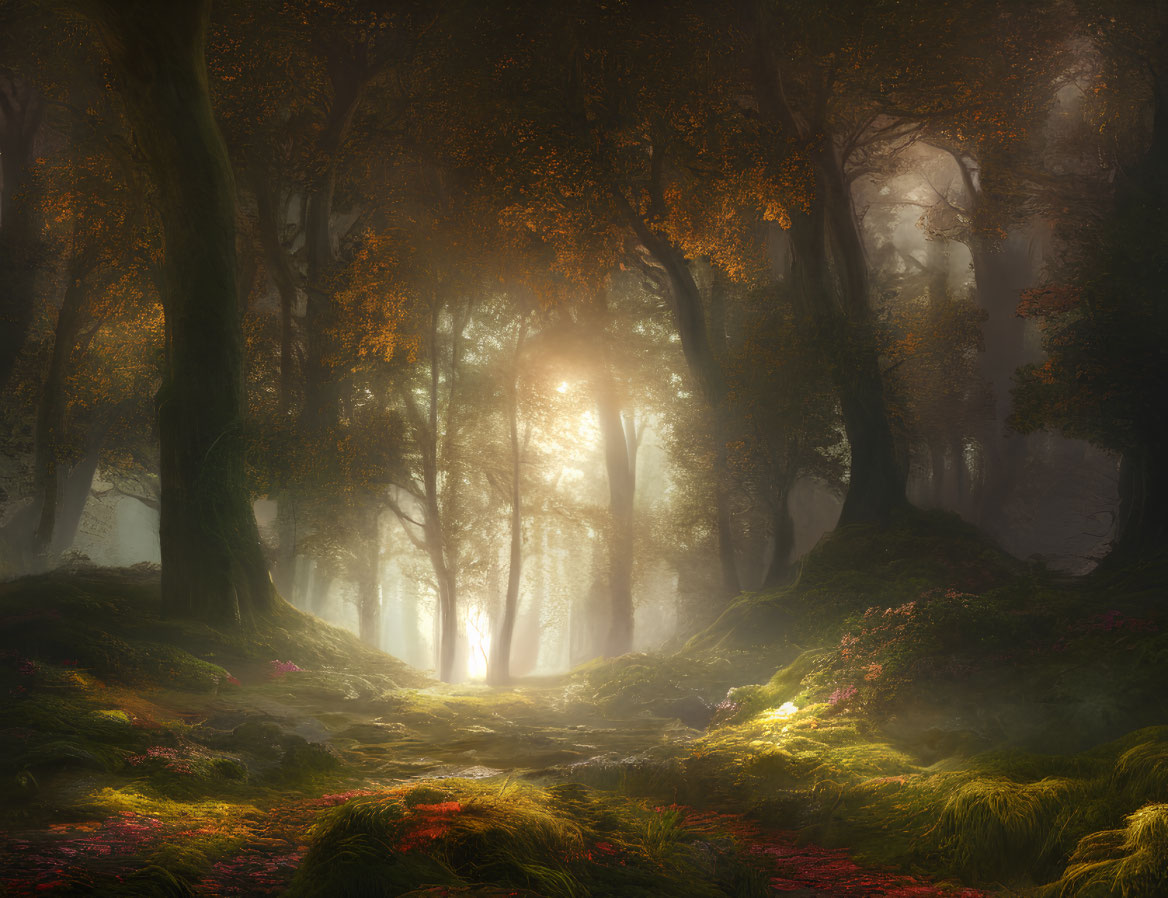 Mystical forest with sunbeams, mist, and autumn colors