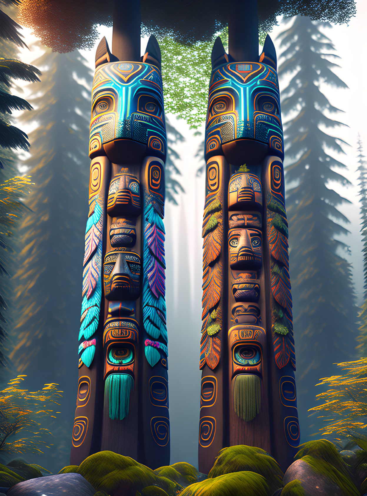 Vibrantly painted totem poles in lush forest with mist and sunlight