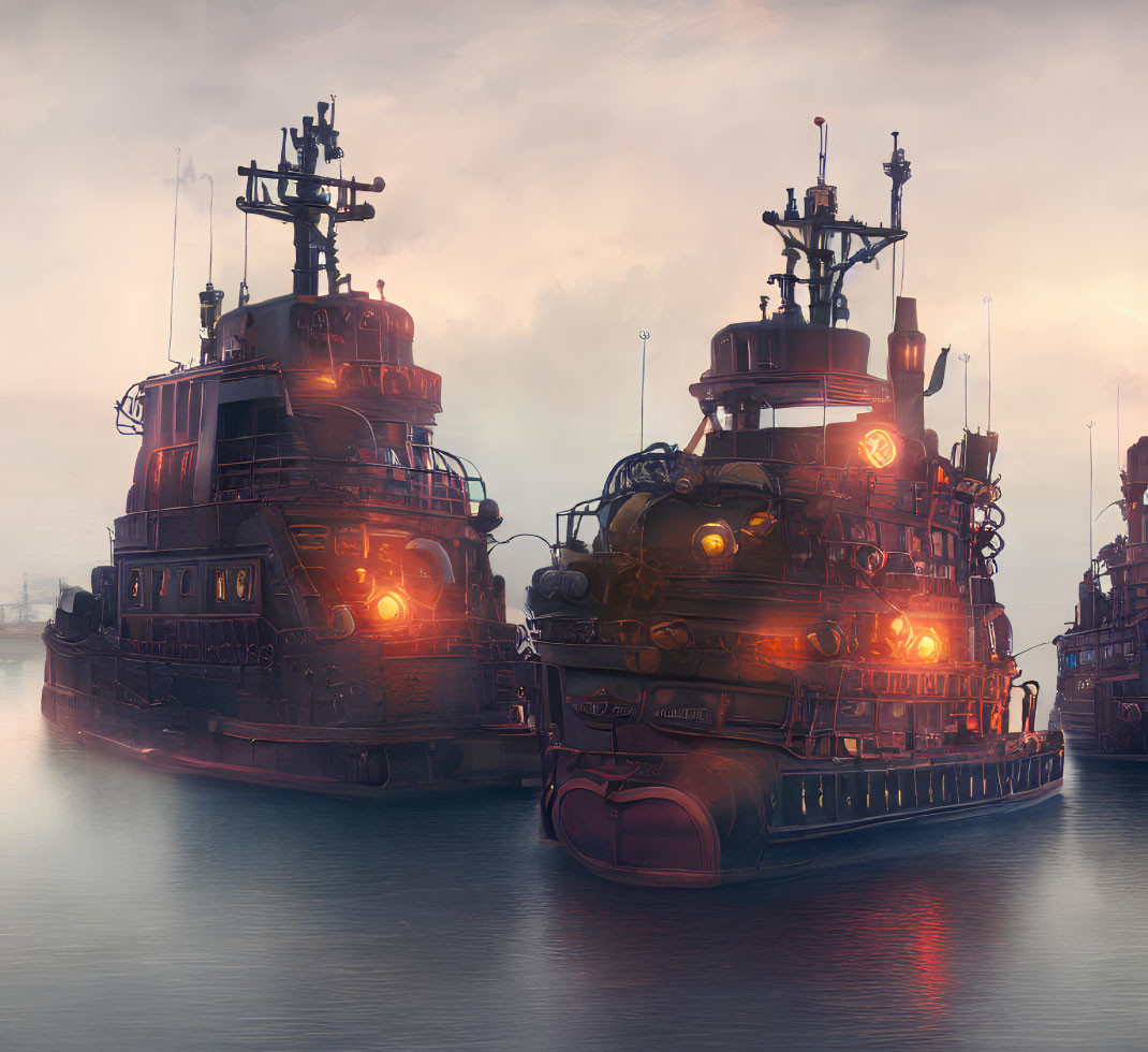 Futuristic industrial ships with glowing lights in twilight harbor