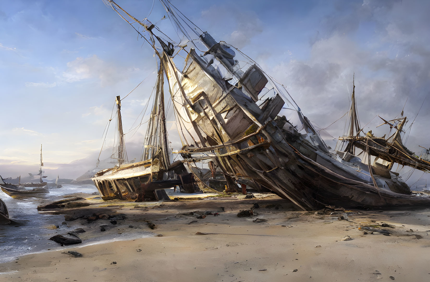 Sunlit wrecked ship on sandy shore with damaged hull and tattered sails.