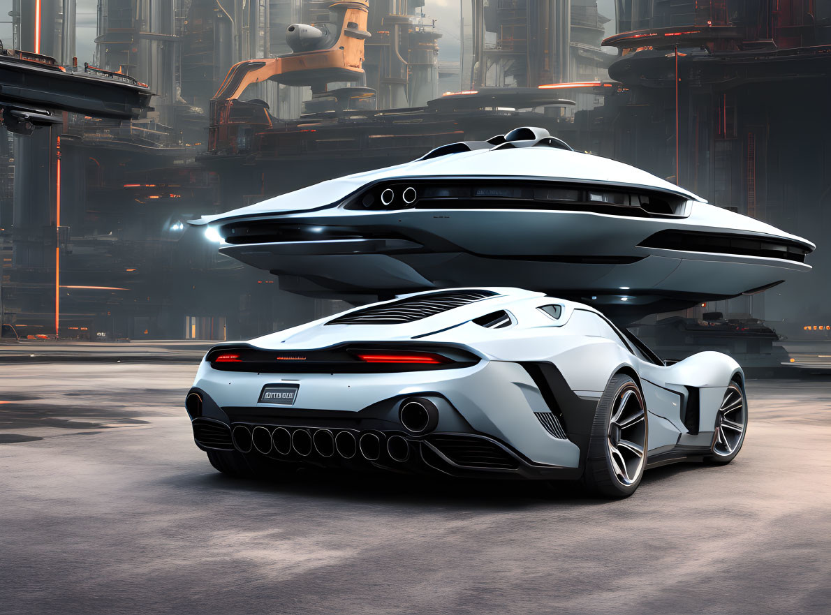 Futuristic sports car and flying yacht in high-tech cityscape