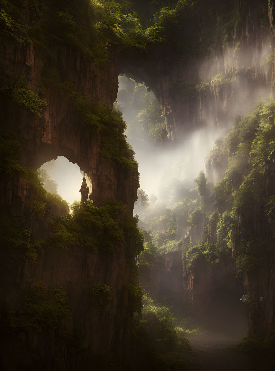 Solitary figure in cavernous opening surrounded by lush greenery and ethereal light