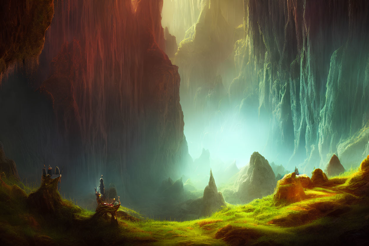 Mystical cave with ethereal light, lush greenery, waterfalls, and serene figures