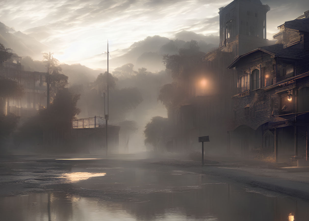 Misty deserted street at dawn with old buildings and soft sunlight