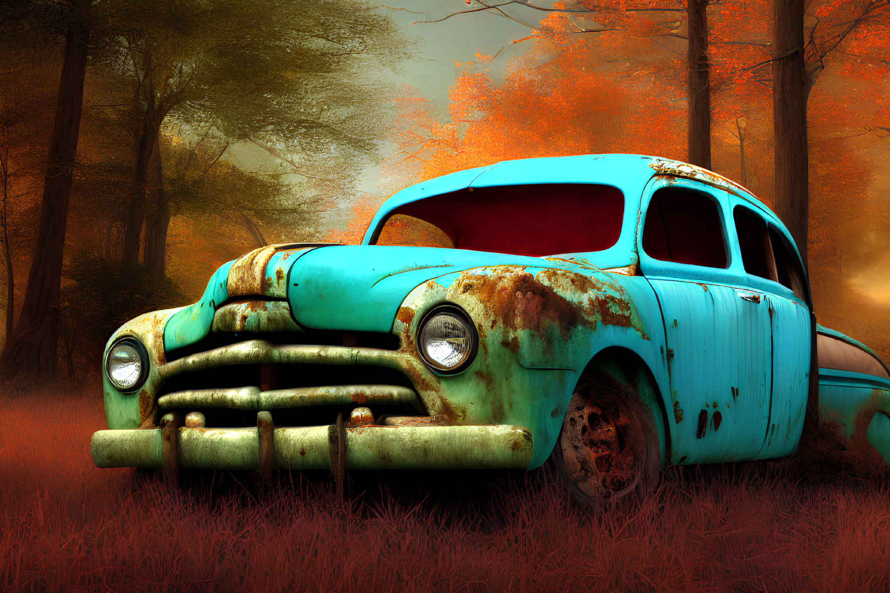 Abandoned vintage turquoise car in forest with orange-red foliage