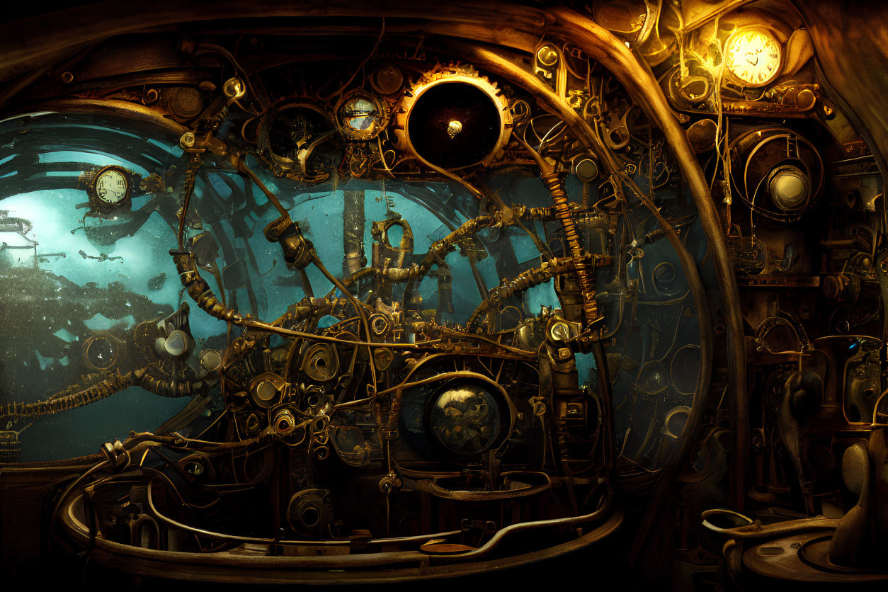 Steampunk submarine cockpit with brass gears, dials, pipes & undersea view