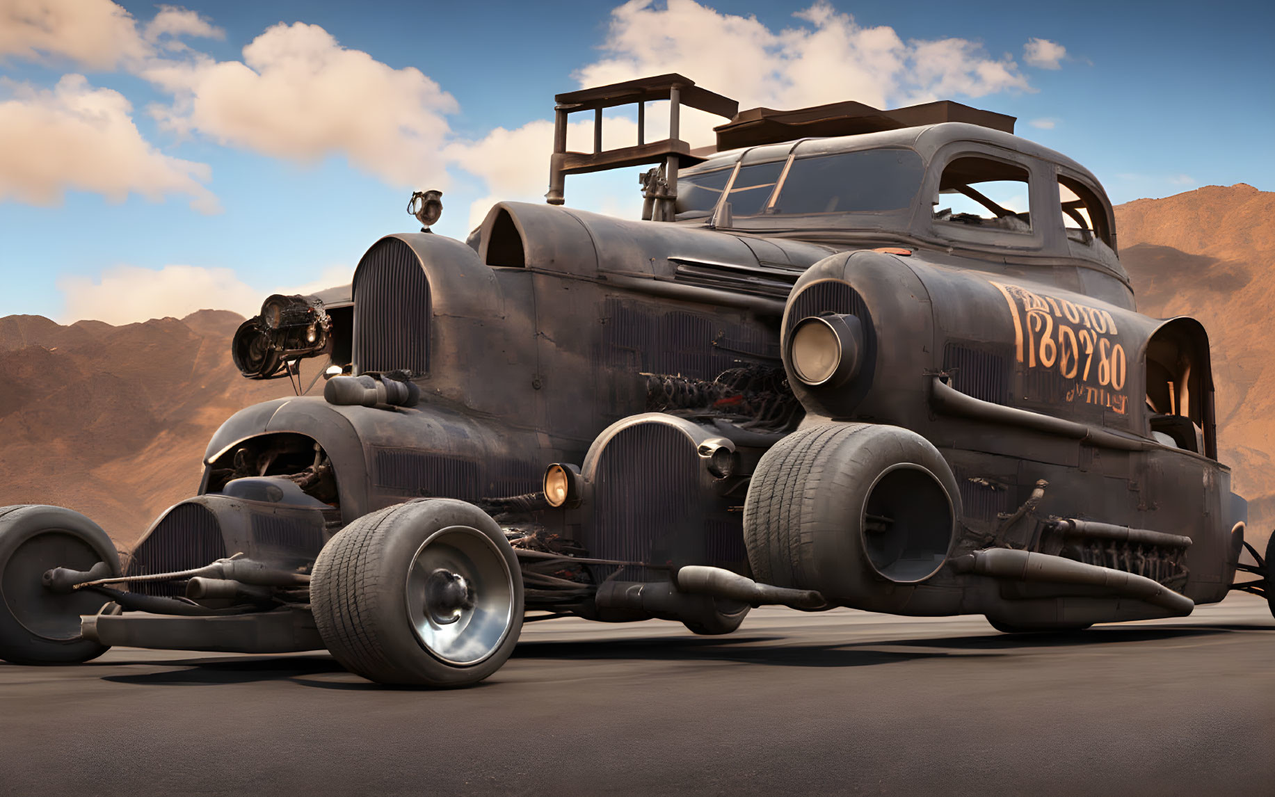 Vintage post-apocalyptic-style car in 3D with dual exhausts and rugged tires in desert setting