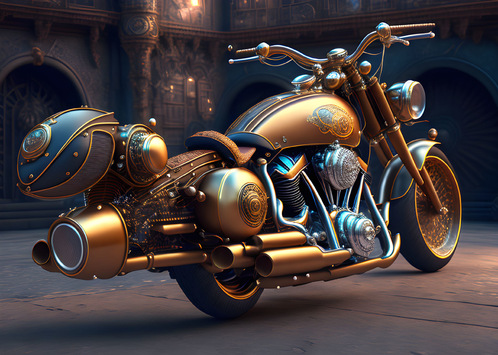 Futuristic Gold Motorcycle in Grand Hall with Ornate Architecture