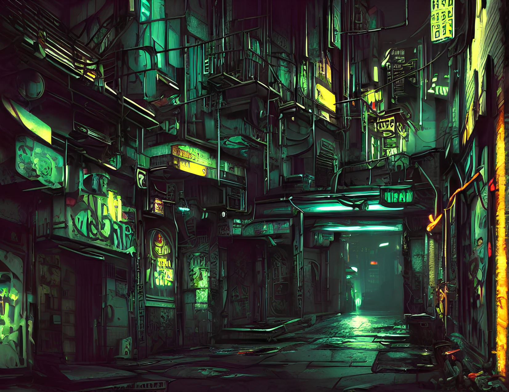 Neon-lit cyberpunk alleyway with urban buildings and glowing signs