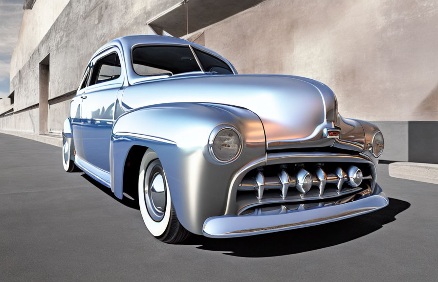 Vintage silver car parked on concrete under clear sky