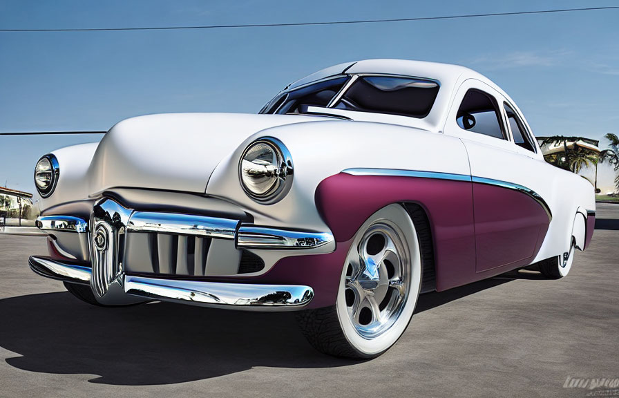 Vintage Car with White & Purple Paint, Chrome Grille, Custom Wheels, Parked Under Blue Sky