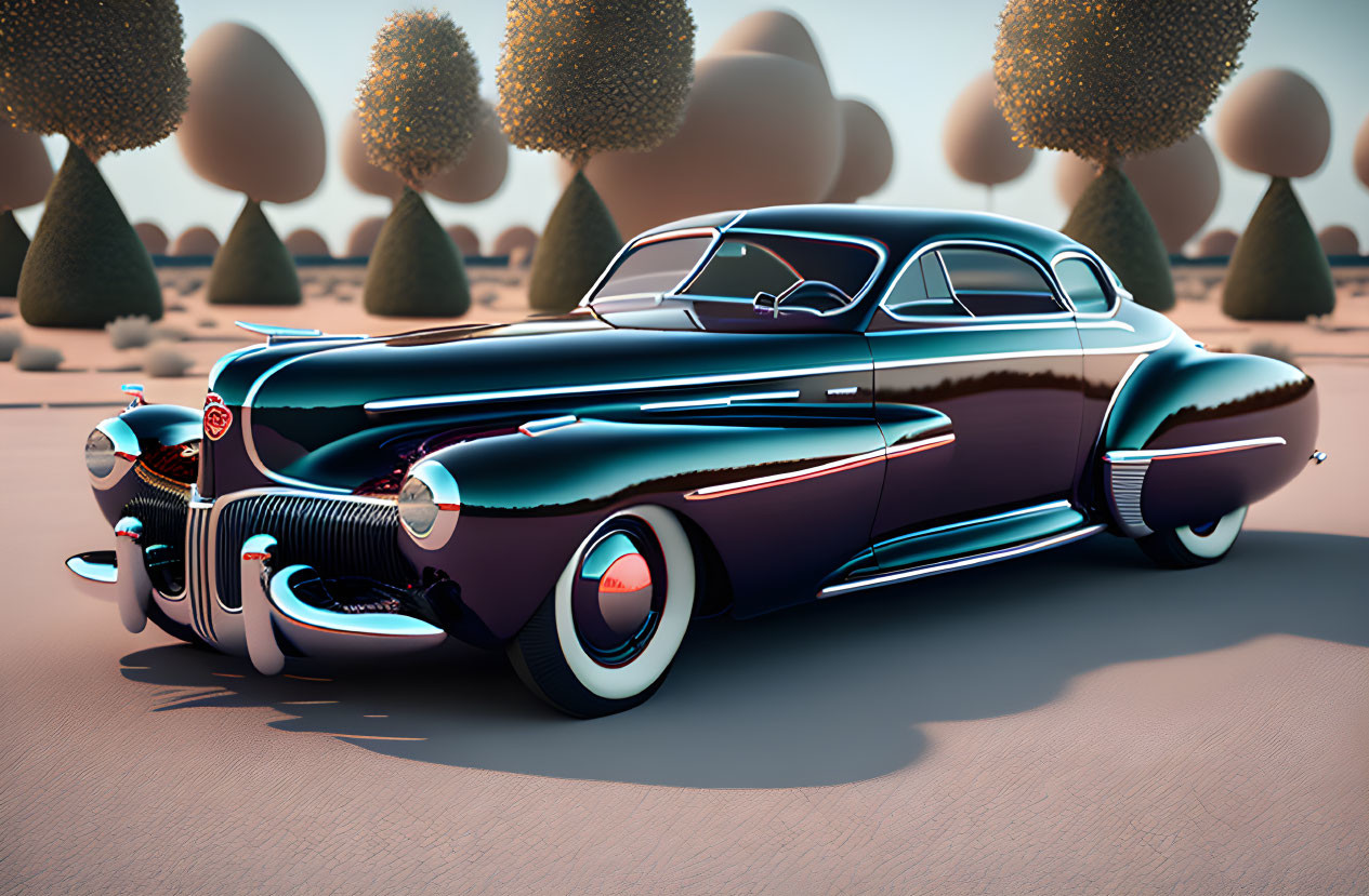 Vintage Car with Chrome Details in Stylized Landscape