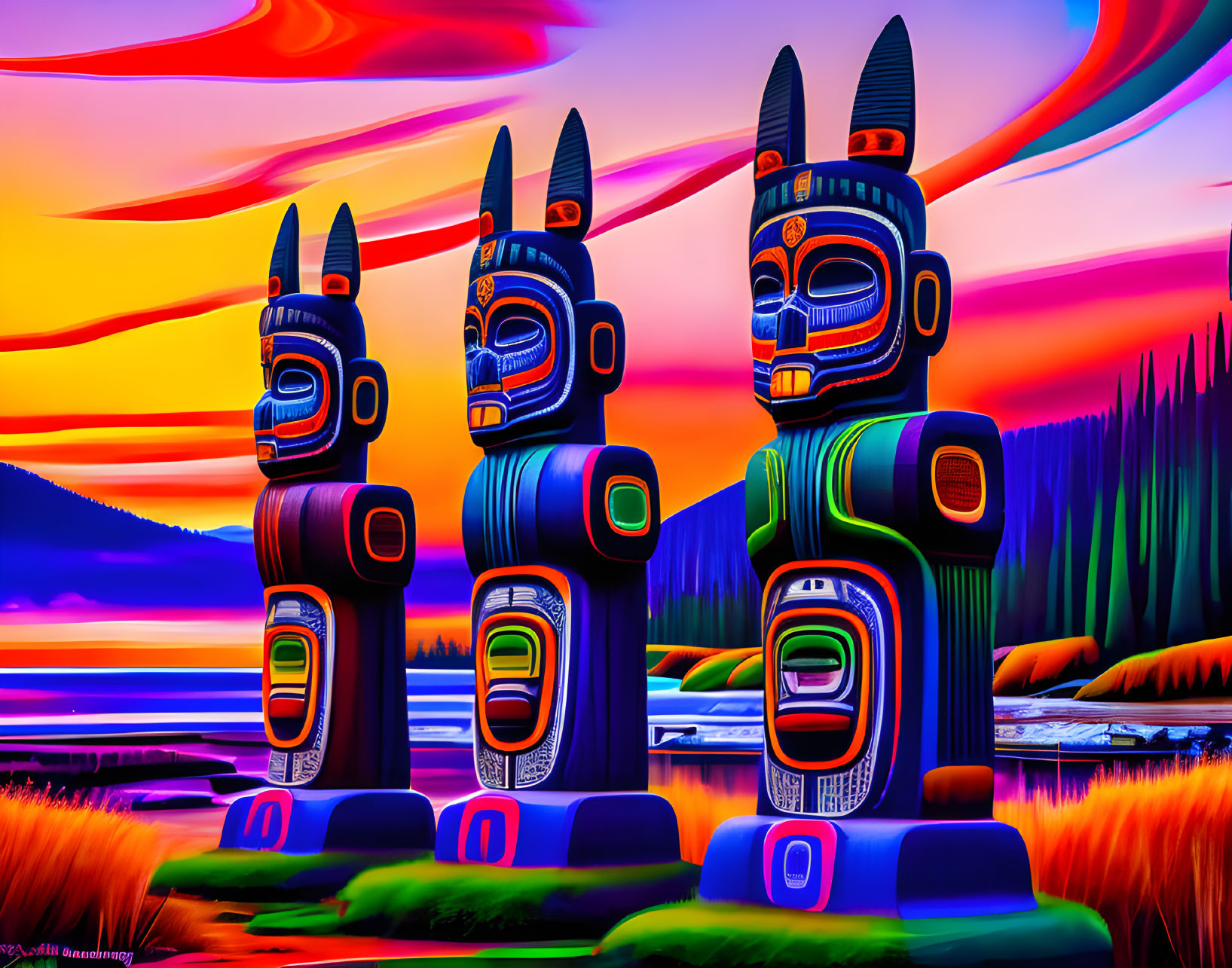 Vibrant Totem Poles Amid Sunset Sky & Nature