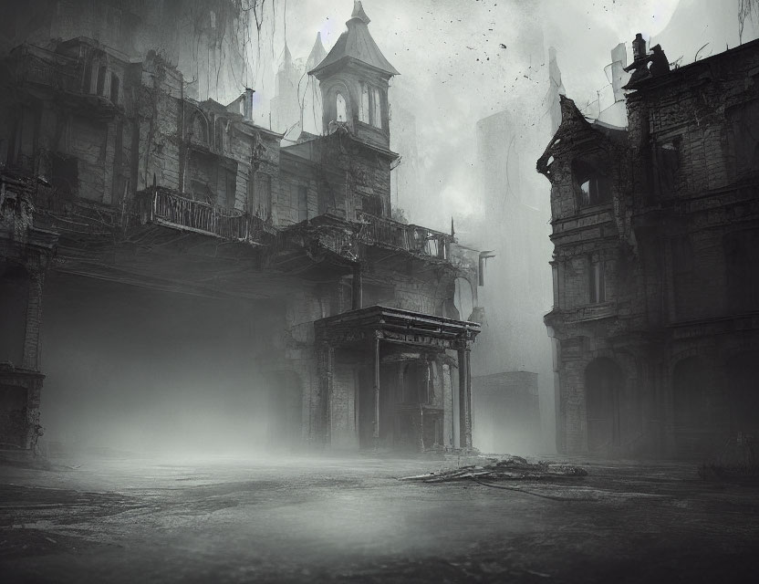 Desolate urban scene with mist-covered dilapidated buildings