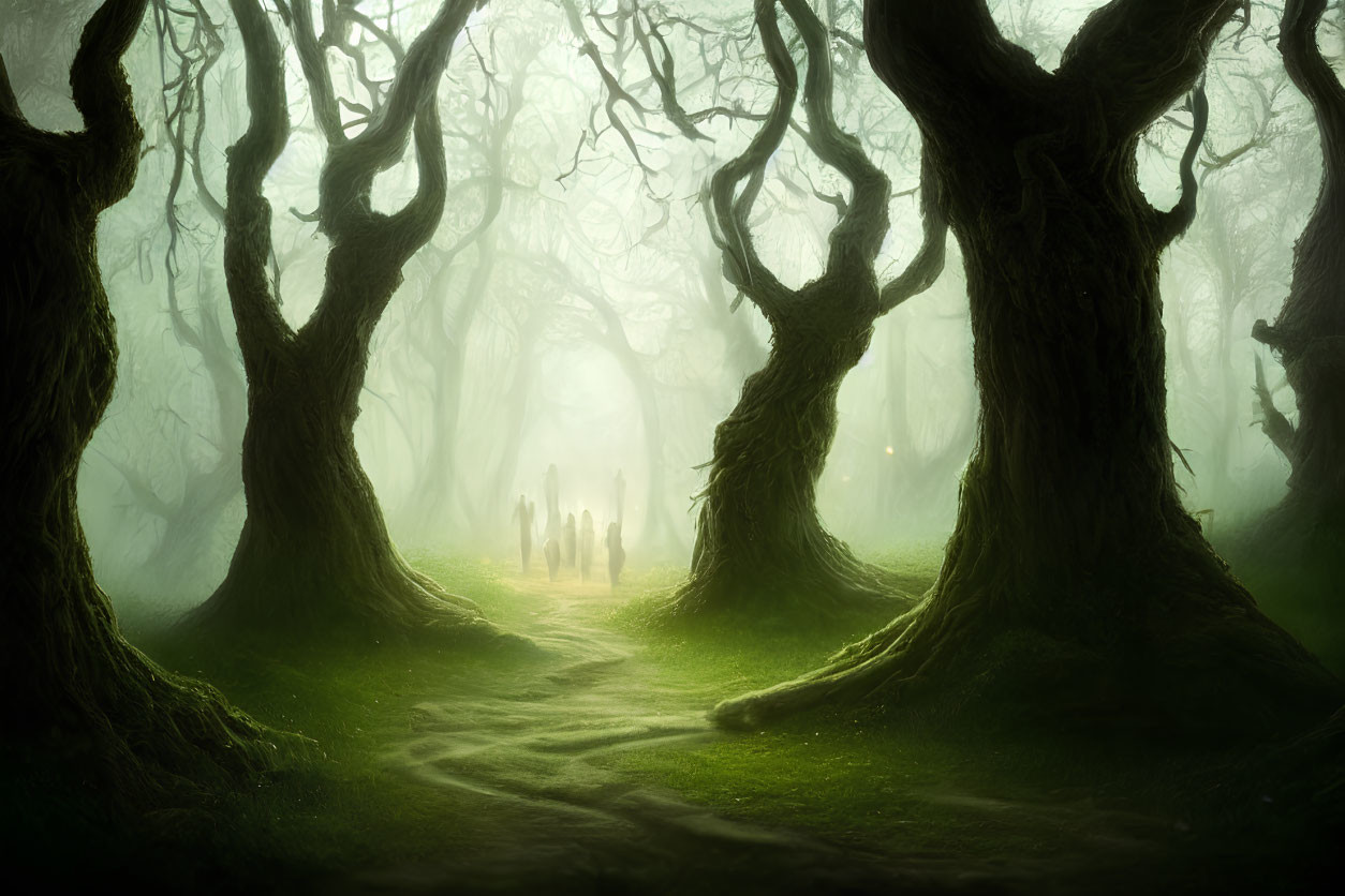 Enchanting misty forest scene with twisted trees and distant silhouettes