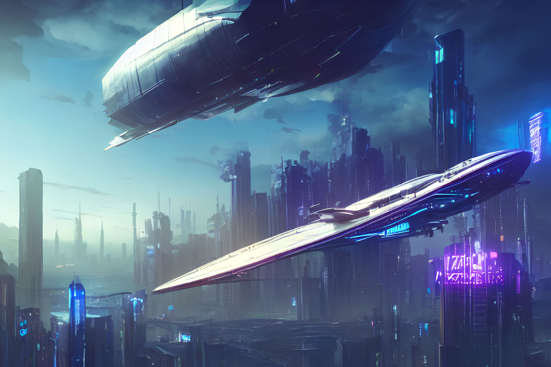 Futuristic cityscape with skyscrapers and flying ships in blue sky