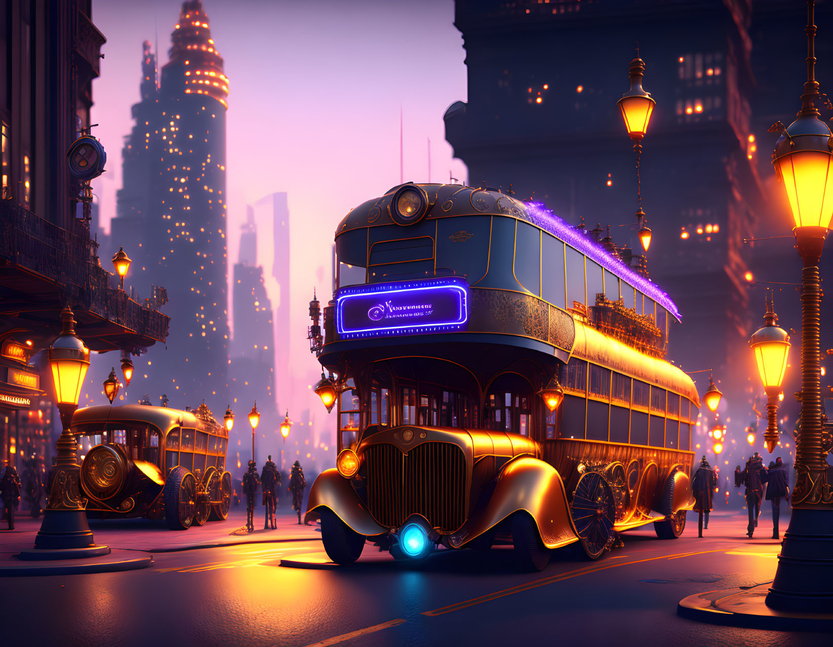 Retro-futuristic cityscape with vintage vehicles and pedestrians