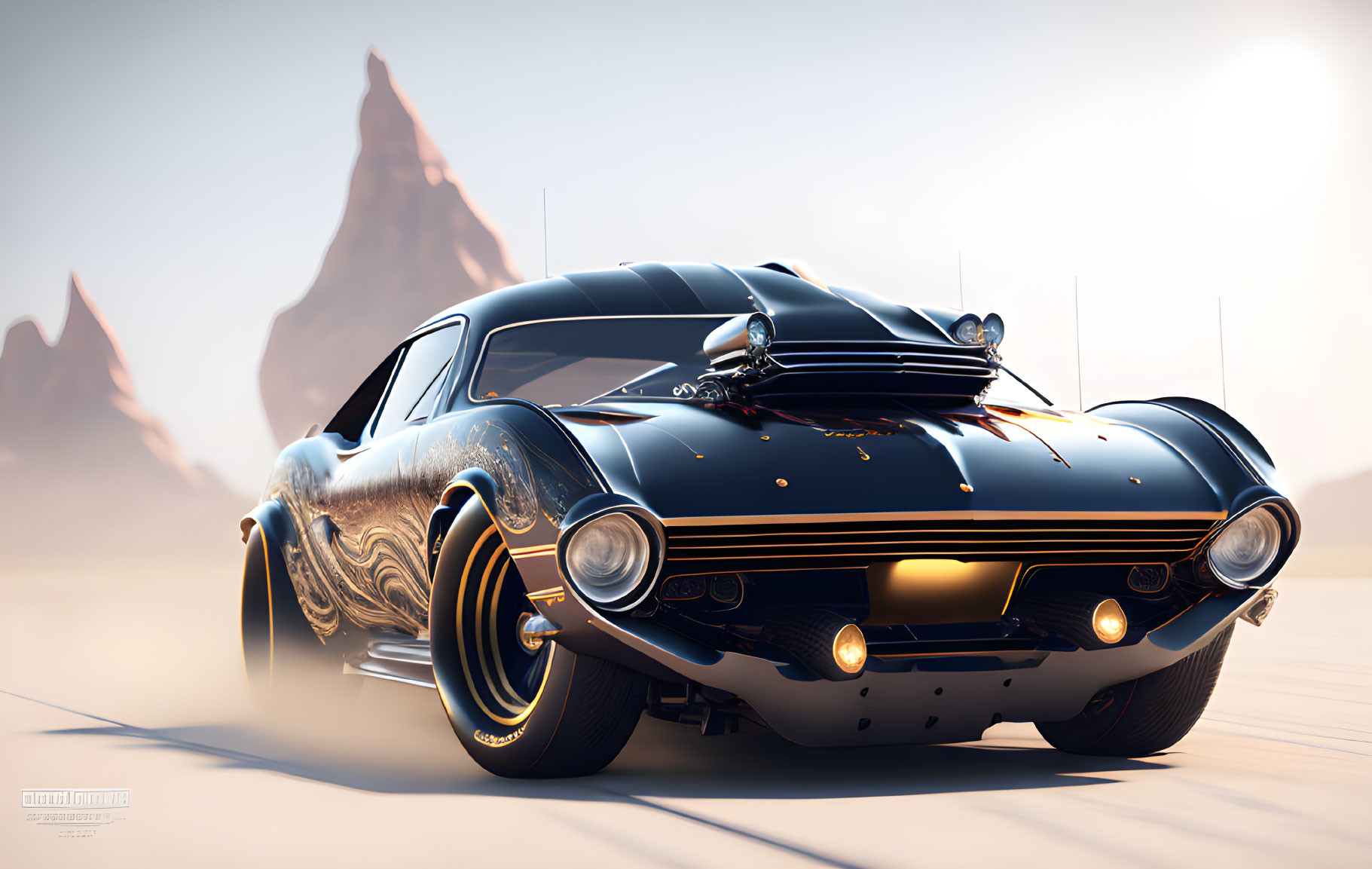 Vintage muscle car with racing stripes and blower in desert landscape